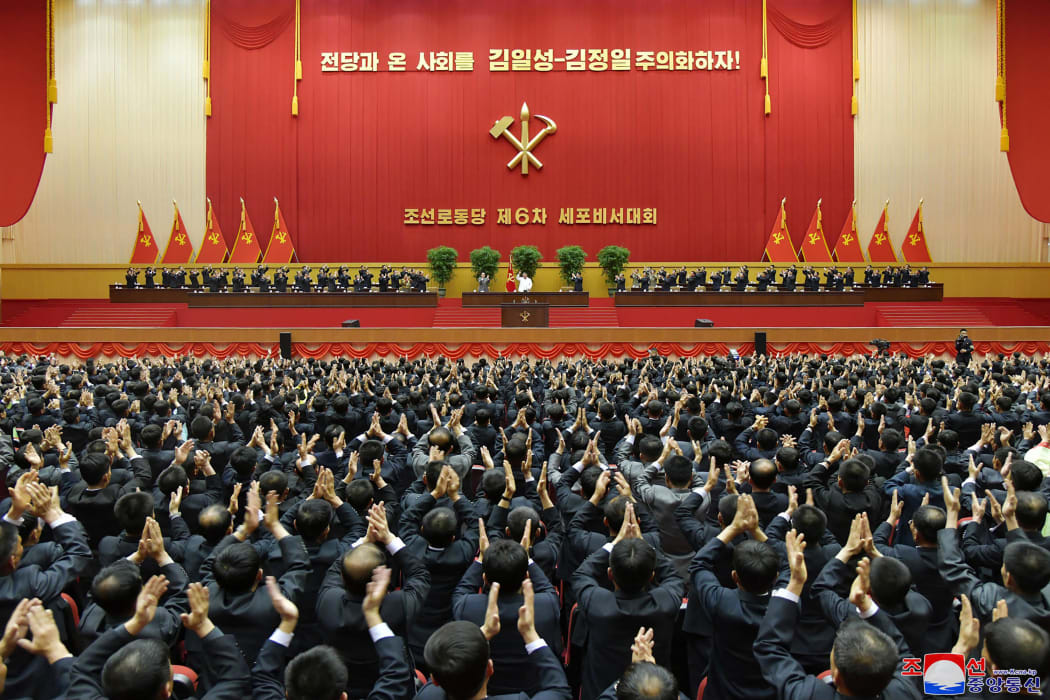 North Korean leader Kim Jong Un (C) during the Sixth Conference of Cell Secretaries of the Workers' Party of Korea in Pyongyang.