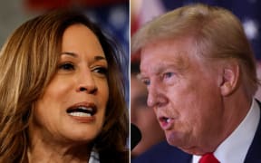 US Vice President and Democratic presidential candidate Kamala Harris speaks at a Labor Day event at Northwestern High School in Detroit, Michigan, September 2, 2024. US former President and Republican presidential candidate Donald Trump speaks during a press conference at Trump Tower in New York City on September 6, 2024.