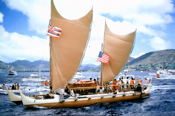 The double-hulled canoe Hokule'a arriving in Honolulu from Tahiti in 1976