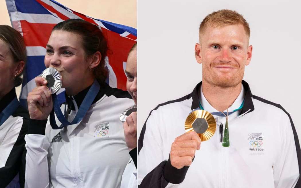 Silver medallist Nicole Shields on the podium of the women's track cycling team pursuit event, on 7 August, 2024. Kayak cross gold medallist Finn Butcherat the Champions Park at the Trocadero in Paris on 6 August, 2024.