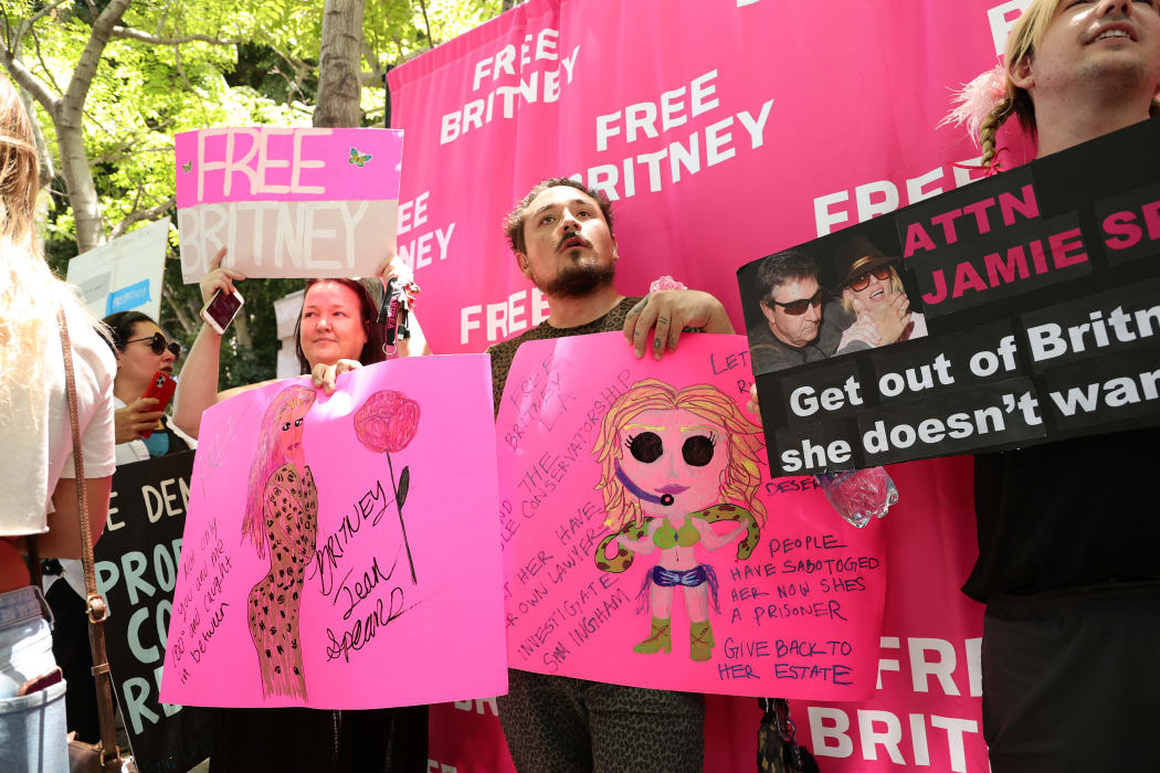 #FreeBritney activists protest at Los Angeles Grand Park during a conservatorship hearing for Britney Spears.