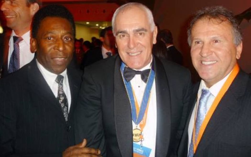 Brazil football greats Pele and Zico flank former All Whites captain Steve Sumner after Sumner received the FIFA Order of Merit in South Africa at the 2010 World Cup