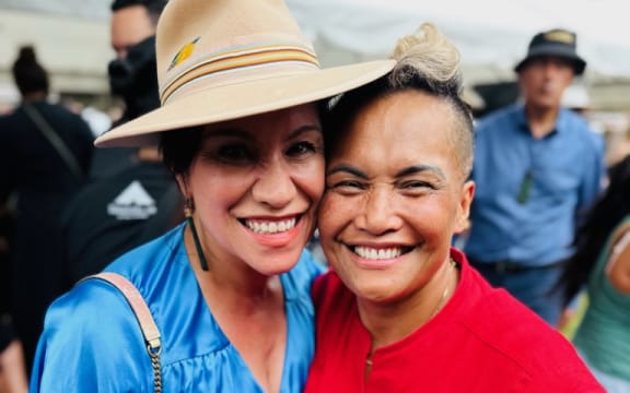Moko Templeton, right, with te reo champion and broadcaster Stacey Morrison at the hui at Tuurangawaewae on 20 January 2024.