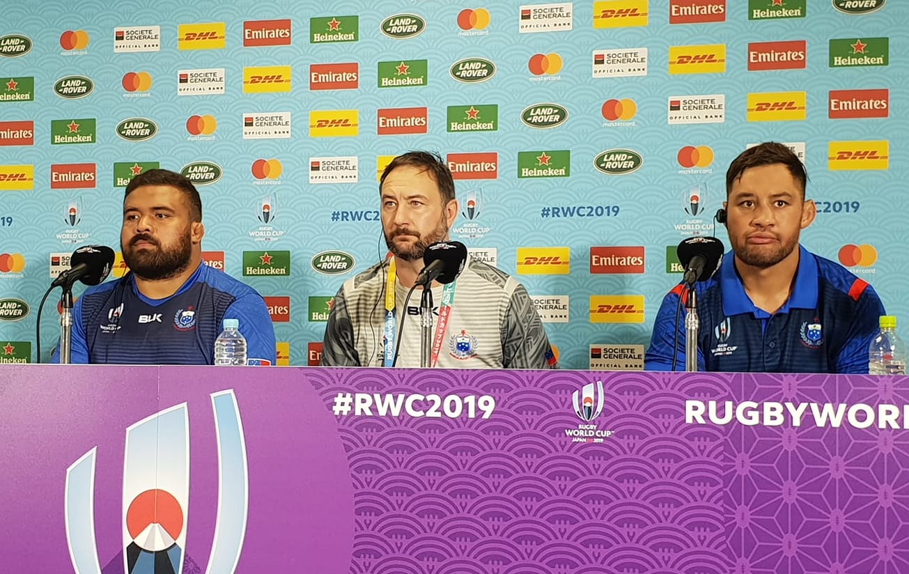 Manu Samoa prop Paul Alo-Emile, assistant coach Alistair Rogers and captain Jack Lam.