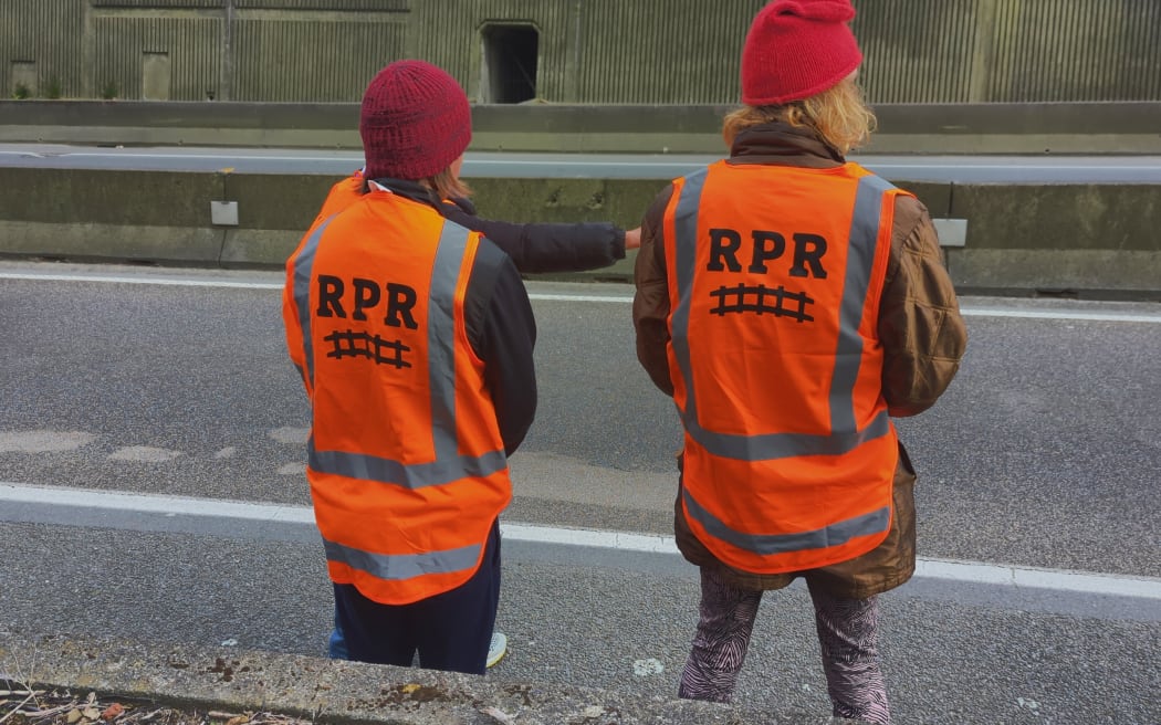 Restore Passenger Rail protest in Wellington on the morning of 4 September, 2023. Protesters sat down on the stretch of State Highway 1 just ahead of the northern entrance to the Terrace Tunnel about 8am.