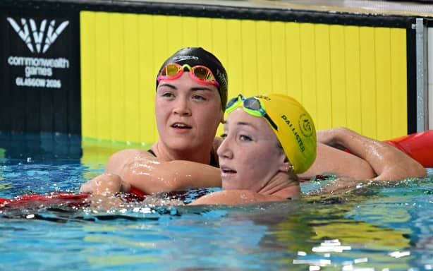 Erika Fairweather of New Zealand and Lani Pallister of Australia look on after winning Silver and Gold in the Women’s 1500m Freestyle Final at the Glasgow 2026 Commonwealth Games at the Tollcross International Swimming Centre in Glasgow, Scotland, Sunday, July 26, 2026. (AAP Image/Dean Lewins/ PHOTOSPORT)