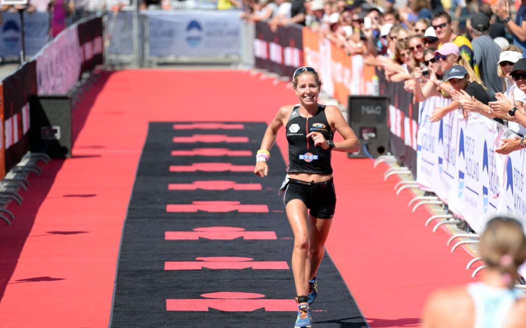 Amelia Watkinson at the finish line of Ironman70.3 Asia-Pacific Championship in Auckland in 2015.