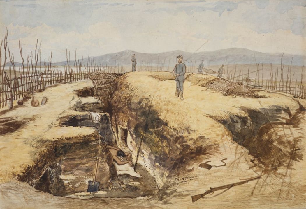 This painting was on the front cover of the London Illustrated News, the defensive trenches Maori used to take cover from British artillery are clearly visible.