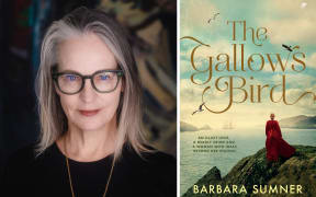 A composite image showing author Barbara Sumner on the left and the cover of her book, "THE GALLOWS BIRD", on the right. Barbara wears glasses and a black top and looks intently at the camera. "THE GALLOWS BIRD" cover shows a woman in red standing on a windy clifftop, looking out at a bay with a ship far in the background.