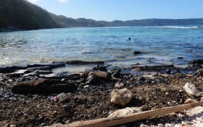 Oil slick from the shipwrecked MV Solomon Trader polluting the shoreline on Rennell Island in the Solomons. February 2019