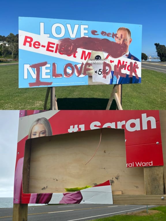 Several candidates' signs have been vandalised, including some of Nick Smith's, which were spray-painted, and Sarah Kerby's, which were hacked at.