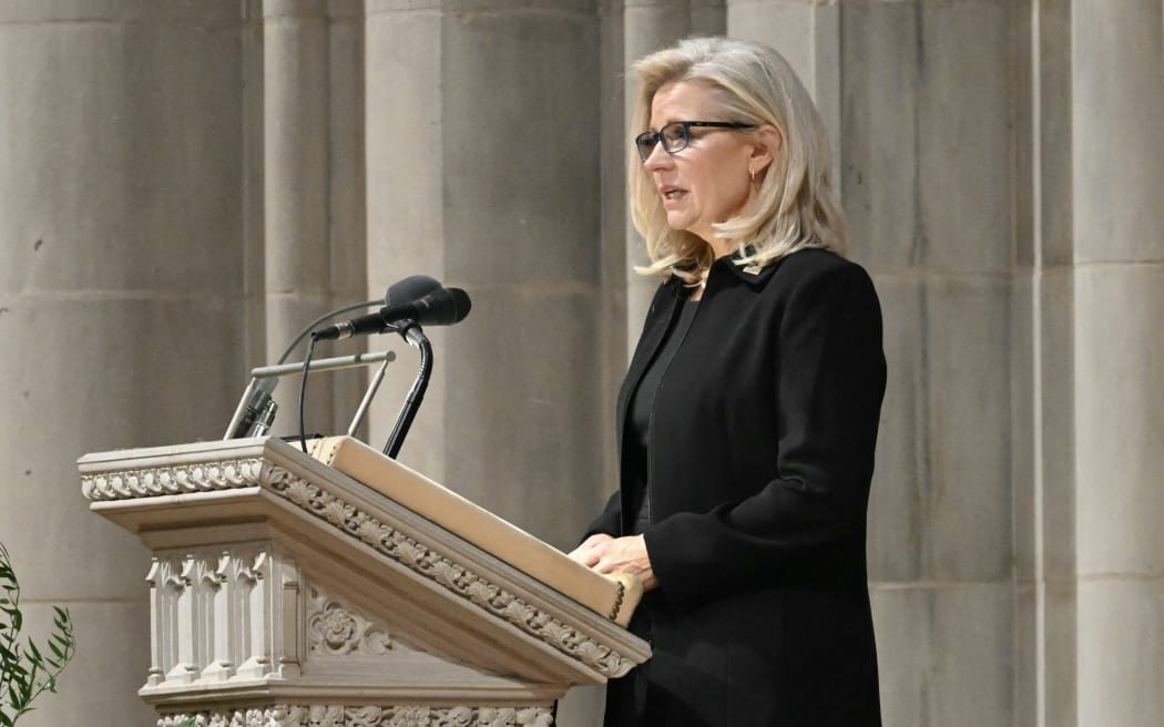 Former Representative Liz Cheney, Republican of Wyoming, daughter of late US Vice President Dick Cheney speaks during a funeral service for her father at the Washington National Cathedral in Washington, DC, on November 20, 2025. Dick Cheney, celebrated as a master Republican strategist but defined by the darkest chapters of America's "War on Terror," was honored Thursday in a funeral attended by Washington's elite that pointedly left out President Donald Trump. (Photo by SAUL LOEB / AFP)