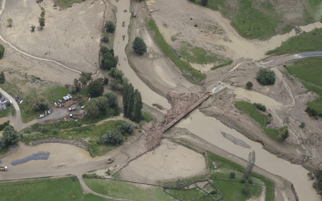 Wigan Bridge on Tauwhareparae Road out of Tolaga Bay, after Cyclone Hale's destruction.
