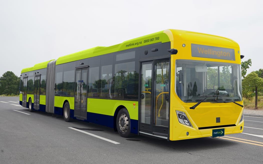 A Geely electric articulated vehicle of the type being procured, with Metlink livery digitally added.