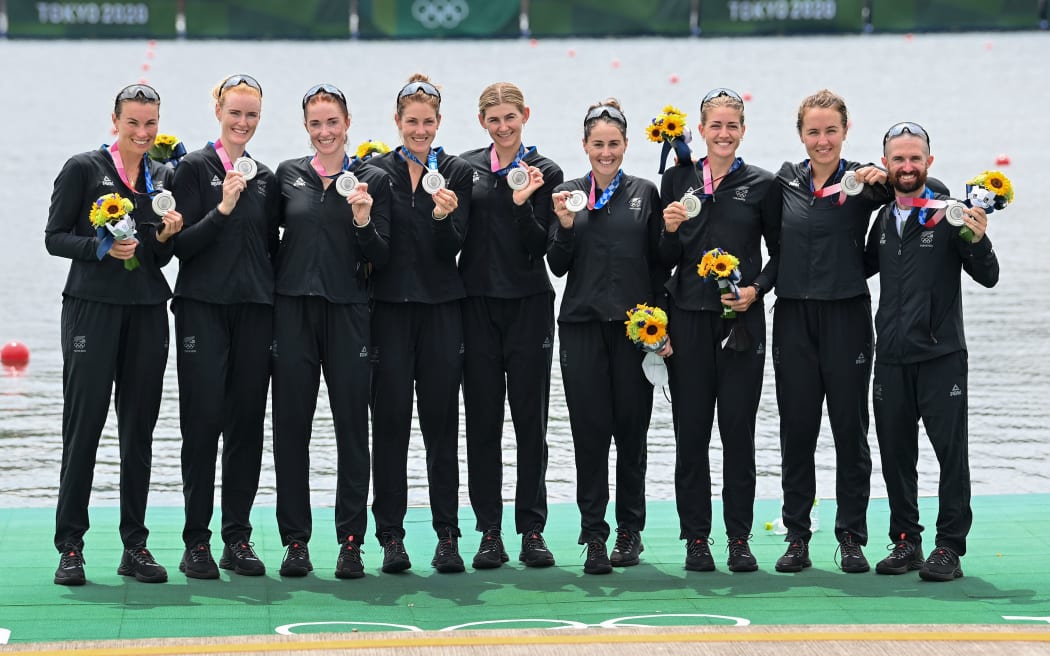 Women's eight silver medallists; Ella Greenslade (bow), Emma Dyke, Lucy Spoors, Kelsey Bevan, Grace Prendergast, Kerri Gowler, Beth Ross, Jackie Gowler (stroke) and Caleb Shepherd (cox) Tokyo 2020 Olympic Games Rowing in Tokyo, Japan on Friday 30th July 2021.