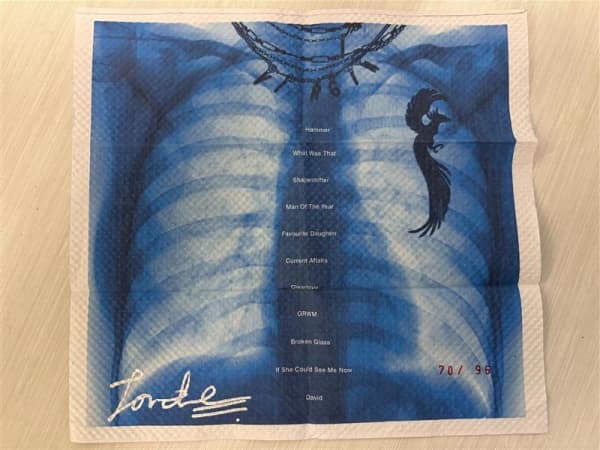 Signed paper towel with artwork and tracklist from Lorde's new album 'Virgin'