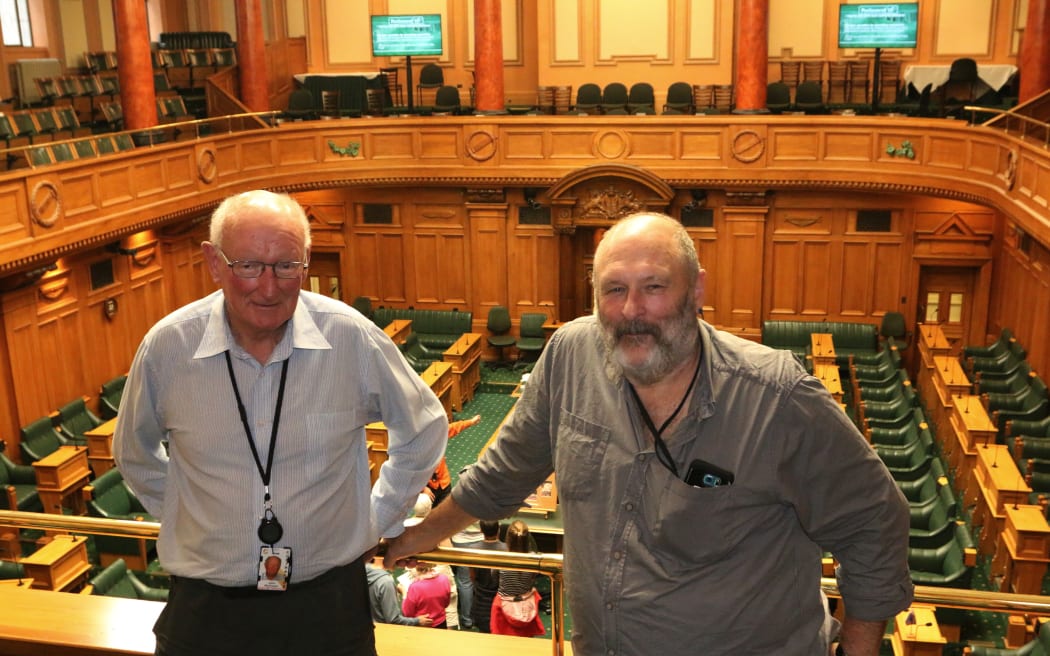 RNZ audio operators John McGregor and Colin Pearce pose in the Chamber