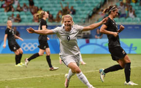Eugenie Le Sommer of France celebrates her goal against New Zealand during the Rio Olympic Games.