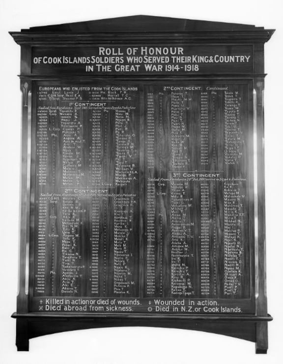 Roll of honour, listing World War 1 soldiers from the Cook Islands