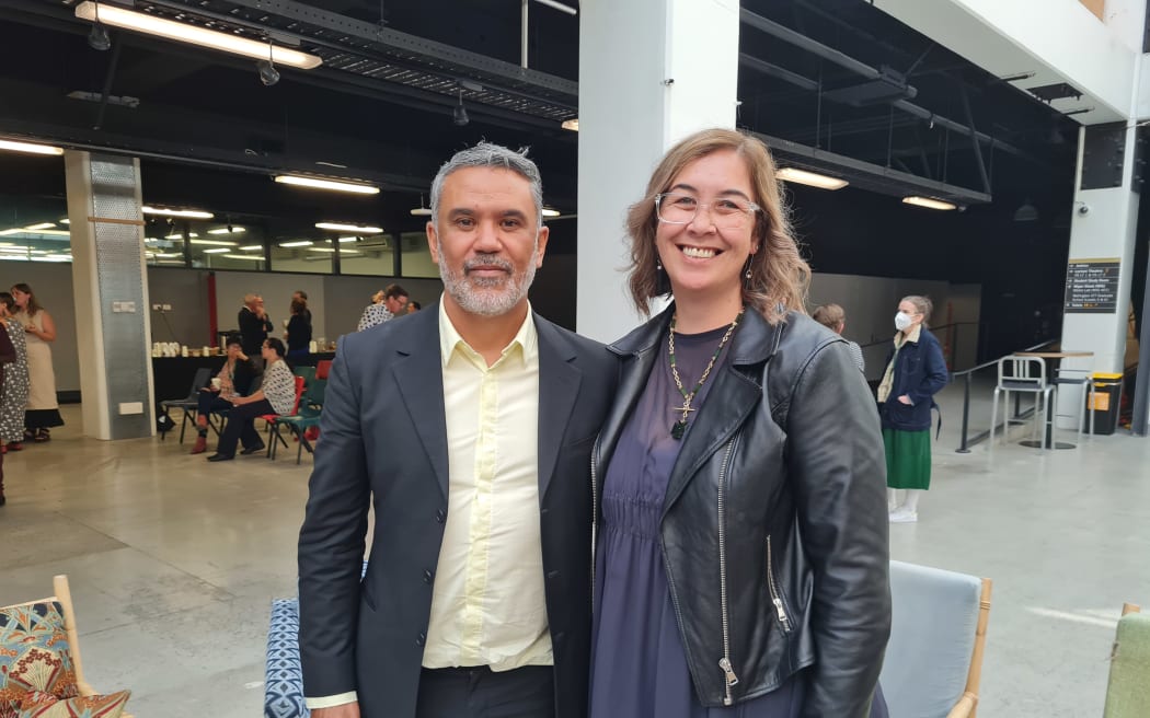 Victoria University of Wellington's school of architecture and design professor for Māori Designed environments Derek Kawiti with deputy vice chancellor (Māori) Rawinia Higgins.