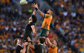 Wallabies forward Lukhan Salakaia-Loto contests a lineout against the All Blacks in a Rugby Championship test in Sydney.