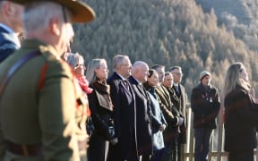 Prime Minister Christopher Luxon and Australian Prime Minister Anthony Albanese laying wreaths at the Arrowtown War Memorial Park.