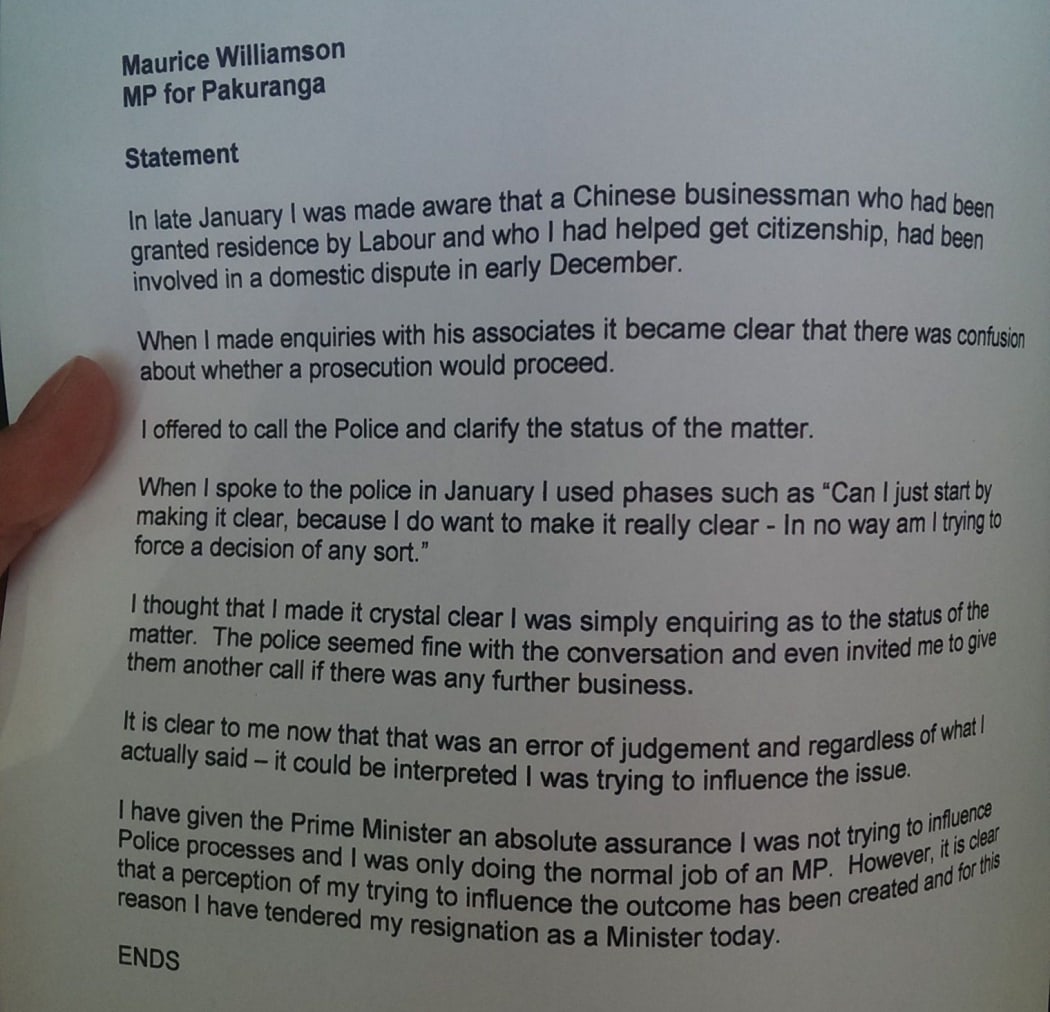 Resignation statement to media from National MP Maurice Williamson.
