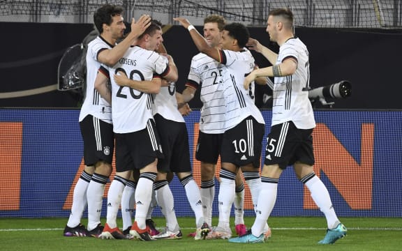 Germany celebrate Florian Neuhaus scoring in their Euro 2020 warm-up match against Denmark in Innsbruck / Tivoli Stadium