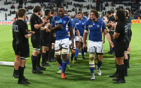 Namibia players leave the field as the All Blacks clap them off during their Rugby World Cup 2015 match at Olympic Park, London, UK. Thursday 24 September 2015. Copyright Photo: Andrew Cornaga / www.Photosport.nz