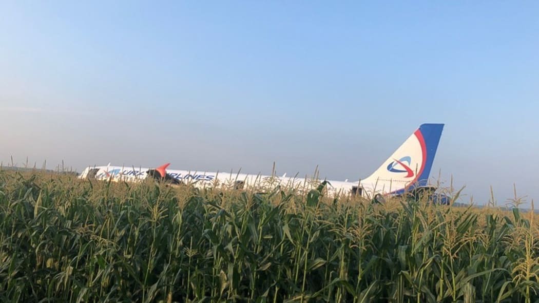 In this handout video grab released by Russian Investigative Committee, the Airbus A321, which made a hard landing in a corn field near Zhukovsky International Airport, is pictured in Moscow region, Russia.