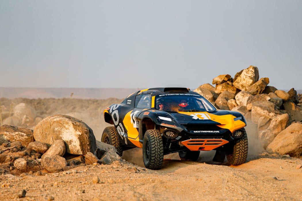 The Extreme E Odyssey 21 electric rally car on a trial outing at the Dakar Rally early in 2020.