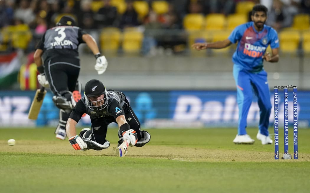 New Zealand's Tim Seifert makes his ground. Twenty/20 cricket international between India and New Zealand at Wellington Stadium.