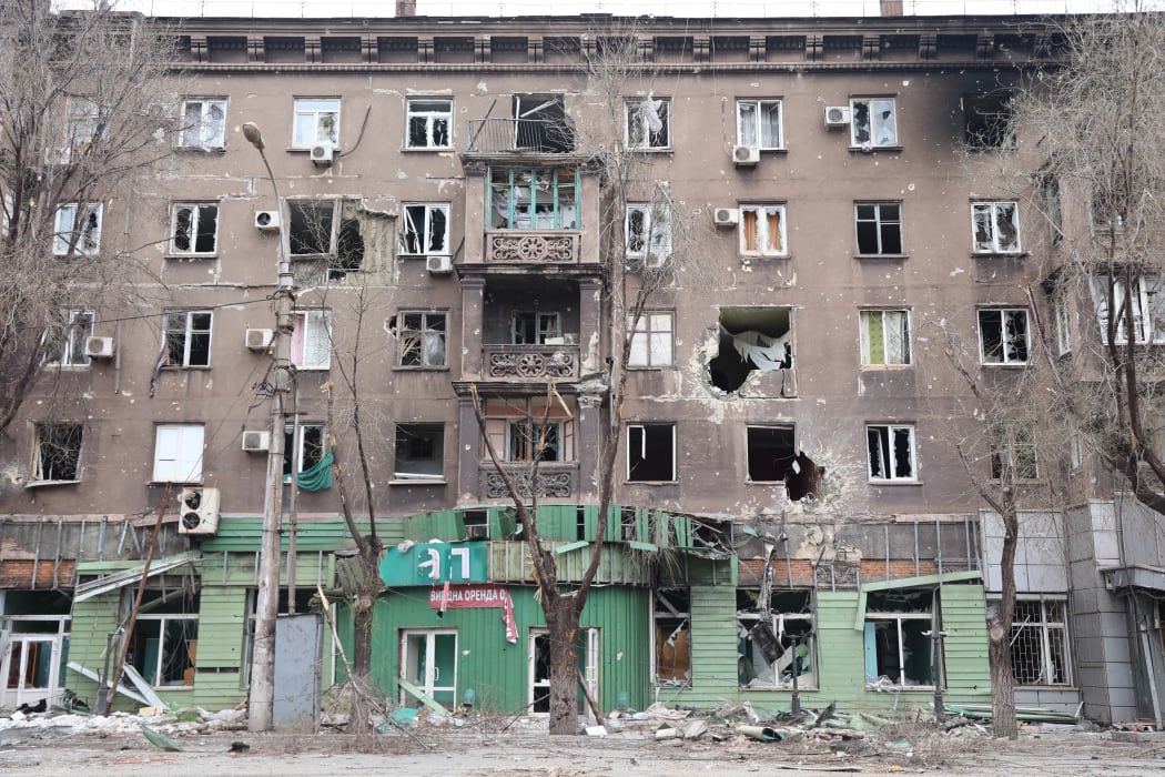 Damaged building in Mariupol as a Russian ultimatum for Ukrainian fighters in the city to surrender expires.
