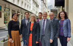 Mayor Phil Goff, Cr Chris Darby, Cam Perkins (design lead, Auckland Design Office), Viv Beck, Heart of the City chief executive and  High Street business owners.