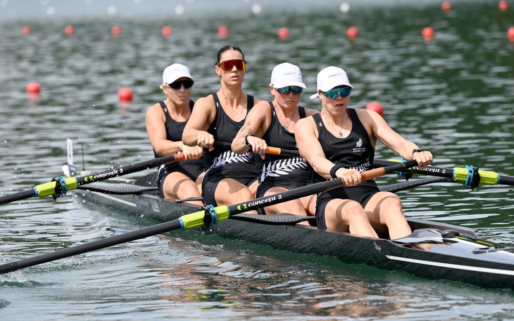 Women's Four Juliette Lequeux, Alana Sherman, Isla Blake and Beckie Leigh of New Zealand during the World Rowing Cup Lucerne, Switzerland, 2025.