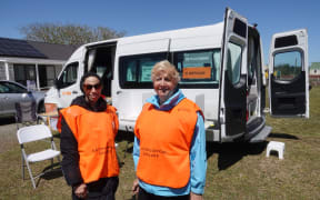 Election officials Sylvia Popata of Kaitāia, left, and Sue Thomas of Waimate North at New Zealand's northernmost voting station.