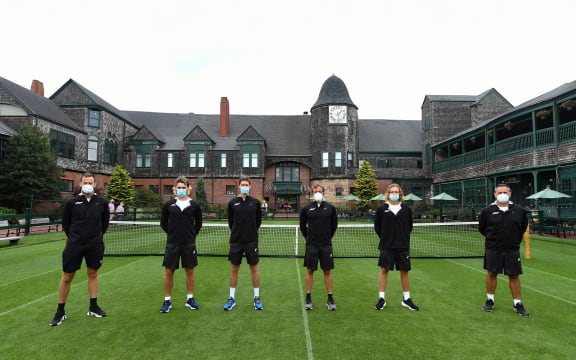 New Zealand Davis Cup team - Michael Venus, Finn Reynolds, Marcus Daniell, Rubin Statham, Issac Becroft and Christophe Lambert (Team Captain). 2021 Davis Cup World Group 1 tie between New Zealand and Korea at the International Tennis Hall of Fame in Newport, RI.