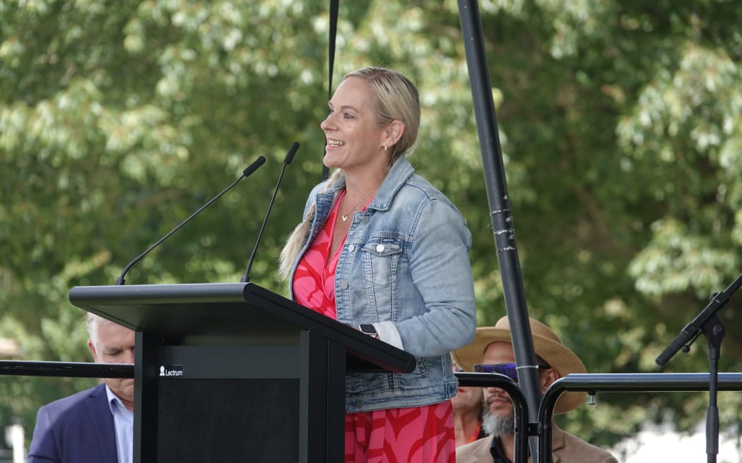 Napier Mayor Kirsten Wise addresses attendees at the Cyclone Gabrielle Appreciation Day.