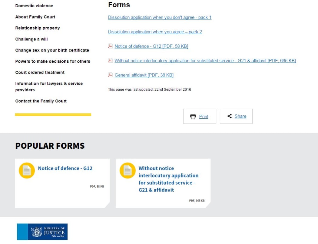 A screengrab of The Ministry of Justice website showing downloads of the 'without notice' forms are one of its most popular