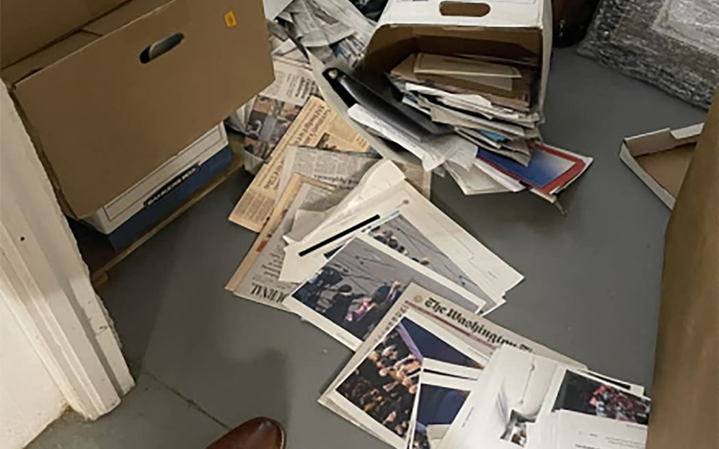 PALM BEACH, FLORIDA - UNSPECIFIED: In this handout photo provided by the U.S. Department of Justice, stacks of boxes can be observed at former U.S. President Donald Trump's Mar-a-Lago estate in Palm Beach, Florida. Former U.S. President Donald Trump has been indicted on 37 felony counts in the special counsel's classified documents probe.   U.S. Department of Justice via Getty Images/AFP (Photo by Handout / GETTY IMAGES NORTH AMERICA / Getty Images via AFP)