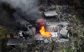 Flames coming out of a ventilation shaft at the Pike River mine near Greymouth.
