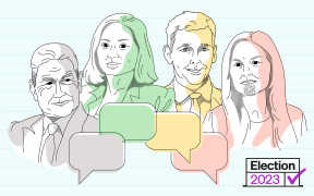 Stylised illustrations of Winston Peters, Marama Davidson, David Seymour and Debbie Ngarewa-Packer with speech bubbles