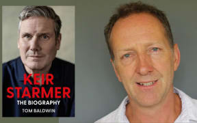 The cover of Tom Baldwin's Kier Starmer book is on the left hand side. It features an image of Kier with his name in red text. The left hand side is a photo of Tom. It is a closeup of his face. He is wearing a white shirt. You can just see the collar peaking up at the bottom of the image.