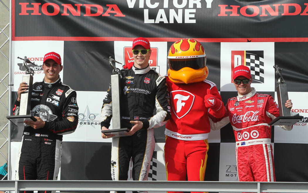 Graham Rahal (L), Josef Newgarden (C) and Scott Dixon (R) on the podium in Alabama