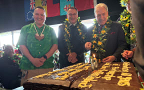 Foreign Minister Winston Peters with Minister for Pacific Peoples Shane Reti celebrating the 60th anniversary of the Cook Islands constitution in Tāmaki Makaurau.