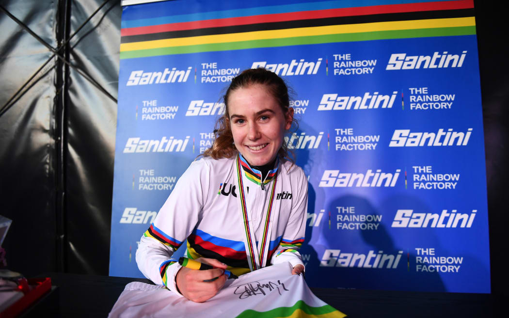 Niamh Fisher Black of New Zealand signing the World Champions Jersey