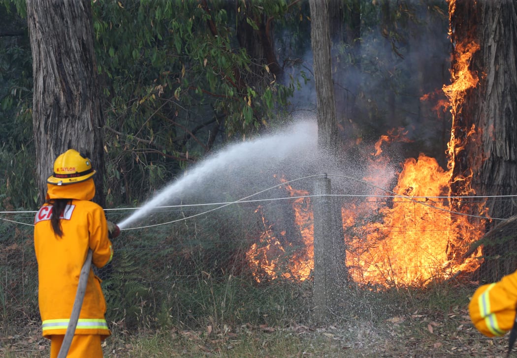 Firefighters battle a bushfire near Wandin, east of Melbourne.