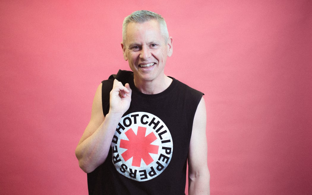 RNZ In-Depth journalist Guyon Espiner in his Red Hot Chilli Peppers muscle tee!