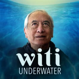 Witi Ihimaera looks up. Behind him and going over his shoulders is a graphic of water. Centered at the bottom is text that reads: “Witi Underwater.”