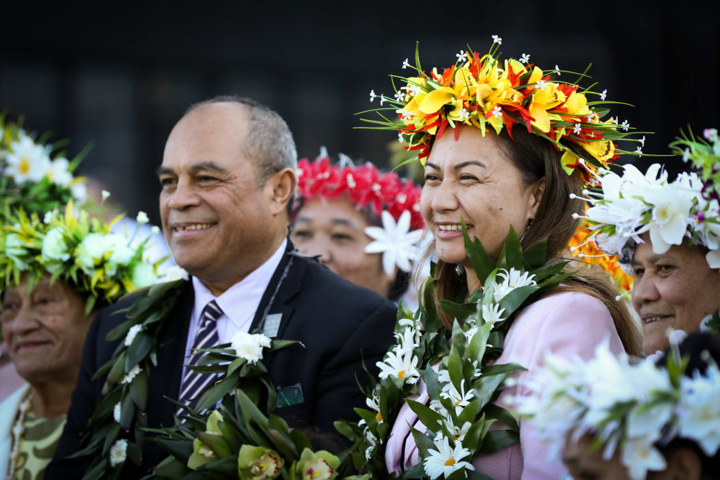 Minister for Pacific Peoples Aupito Su'a William Sio (left) and Green Party co-leader Marama Davidson (right) with members of the Cook Island Community at Parliament to commemorate the 125th anniversary of women's right to vote in New Zealand.